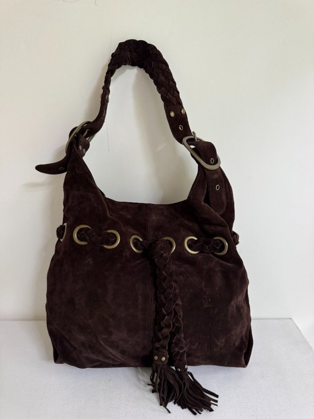Kooba Chocolate Brown Suede Hobo Bag – Braided Tassels – Original Dust Bag